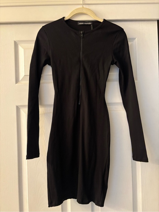 naked wardrobe Dresses & Skirts - naked wardrobe Black Ribbed Long-Sleeve Zip Bodycon Dress